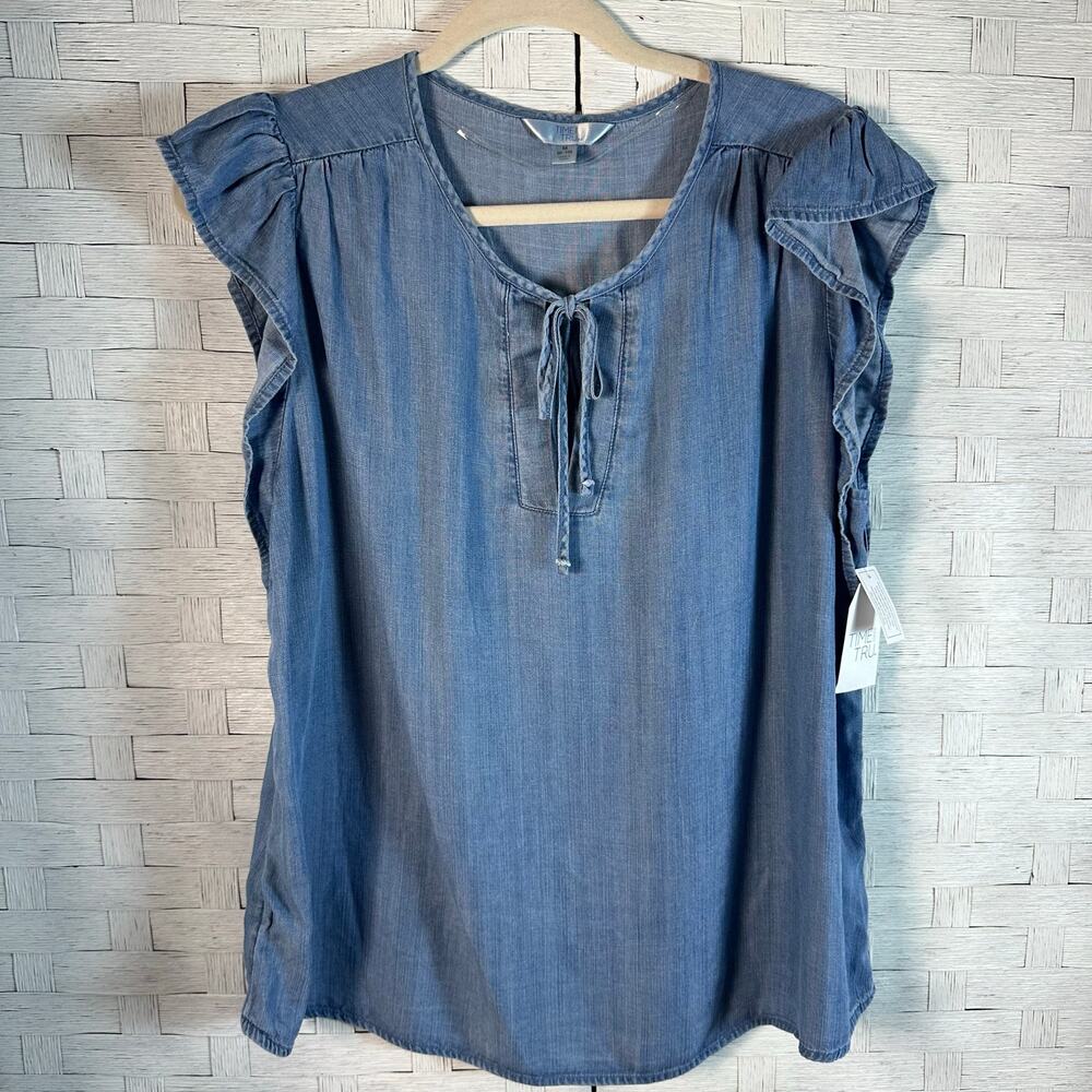 Time & true lightweight denim blouse flutter sleeve peasant bohemian summer‎